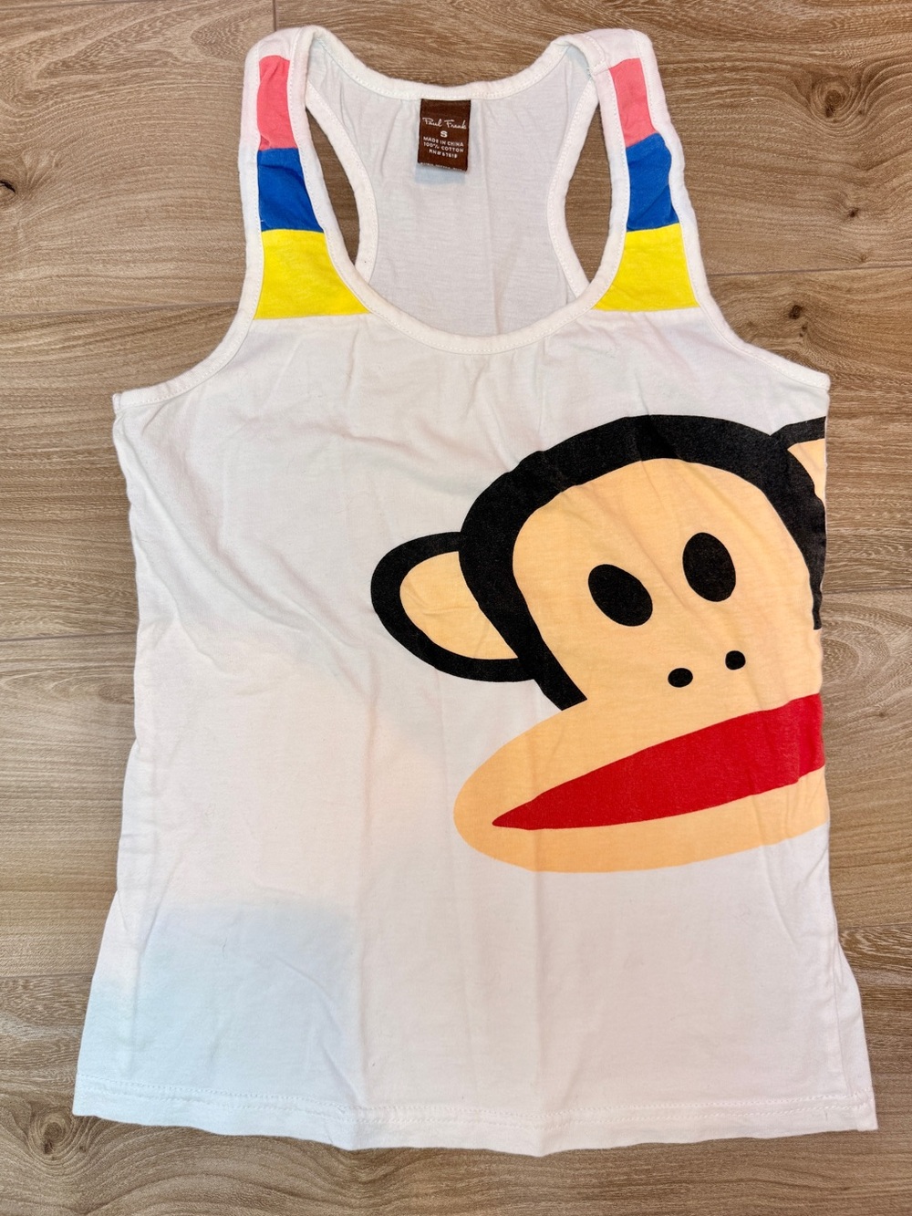 Y2K Paul Frank Julius Monkey Face Graphic Racerback Tank White Colorblock, S XS